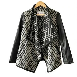 Pink  Martini Jacket Faux Leather Wool Open Front Draped Moto Black Grey Small